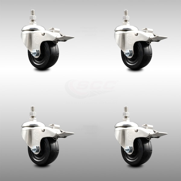 Service Caster 3 Inch 316SS Soft Rubber Wheel Swivel 1/2 Inch Threaded Stem Caster Set Lock Brake SCC-SS316TSTTL20S314-SRS-121315-4 - main